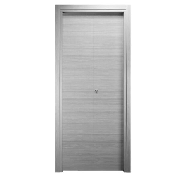 Porta interna grigia con venature orizzontali e telaio stretto.