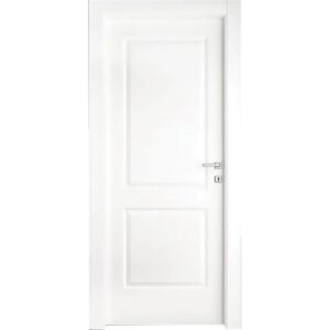 Porta interna bianca con due pannelli rettangolari e maniglia argentata.