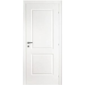 Porta interna bianca con due pannelli e maniglia argento.