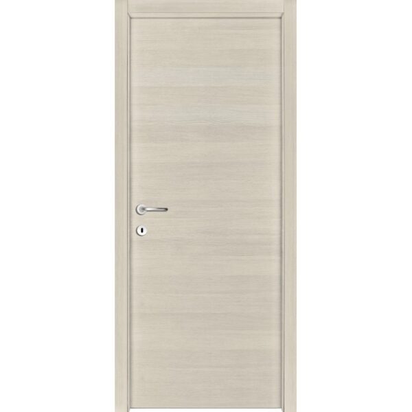 Porta interna chiara con design semplice e maniglia argentata.