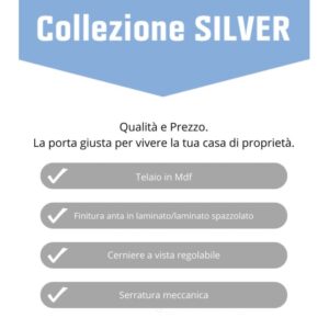 Infografica per porta interna t.b.t.: telaio in MDF, finitura laminata, cerniere regolabili, serratura meccanica.