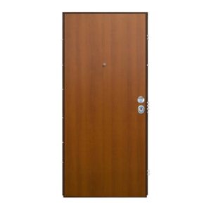 Porta blindata marrone con spioncino e maniglia argentata. Porta robusta per l'ingresso di casa.