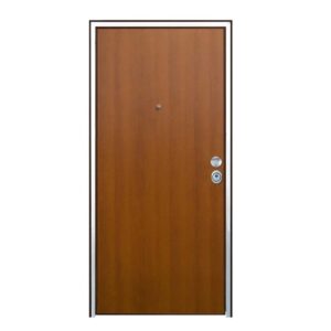 Porta blindata t.b.t. marrone con telaio argentato e spioncino.