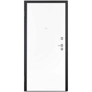 Porta blindata t.b.t. bianca con telaio nero e maniglia argento.