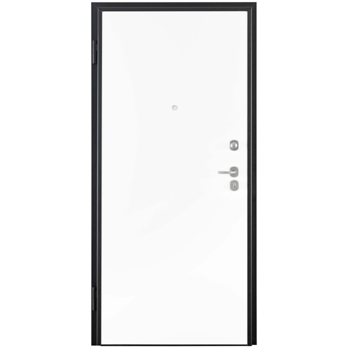 Porta blindata t.b.t. bianca con telaio nero e maniglia argento.