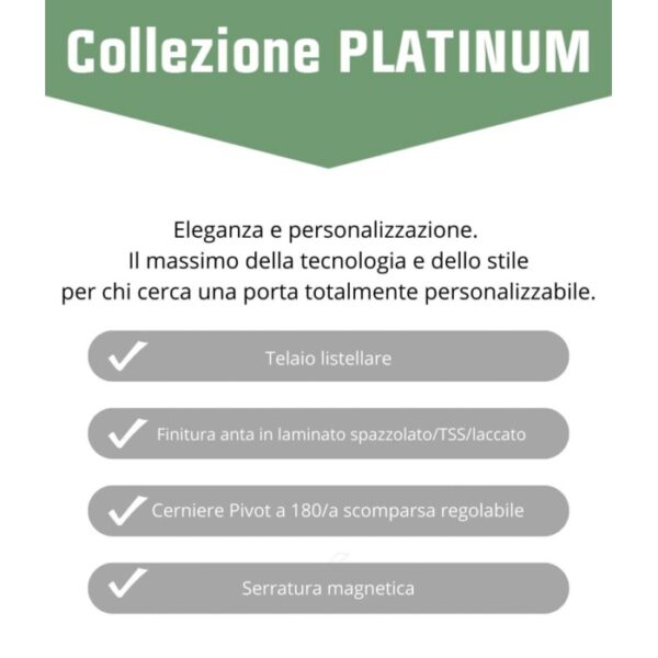 Dettagli della porta interna t.b.t.: telaio, laminato, cerniere e serratura magnetica.