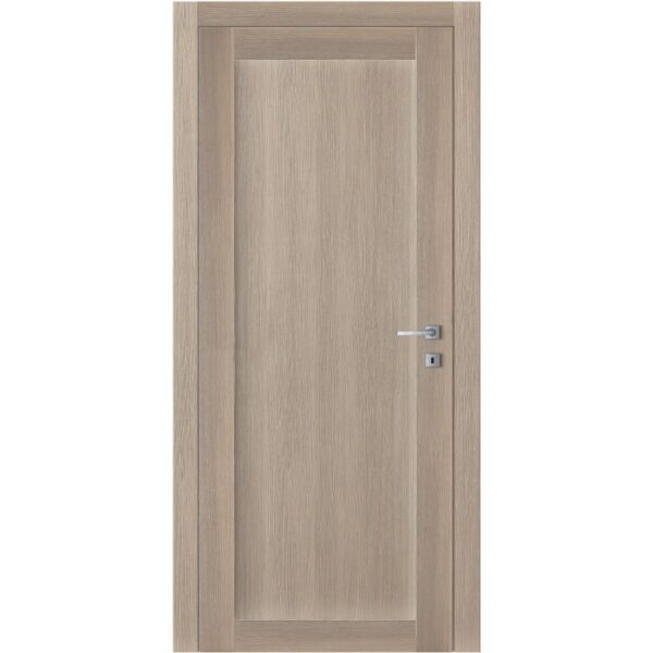 Porta interna chiara con finitura effetto legno e maniglia argentata.