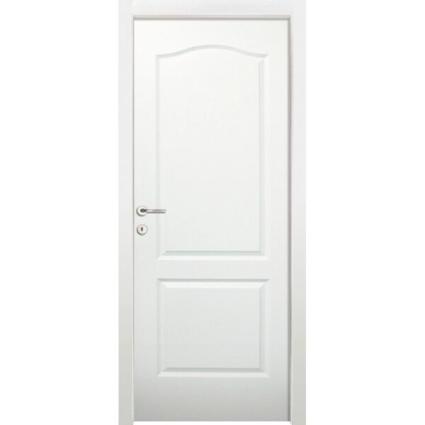 Porta interna bianca con due pannelli e maniglia argento.