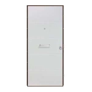 Porta blindata bianca con linee orizzontali e maniglia. Protezione antieffrazione per la tua casa.