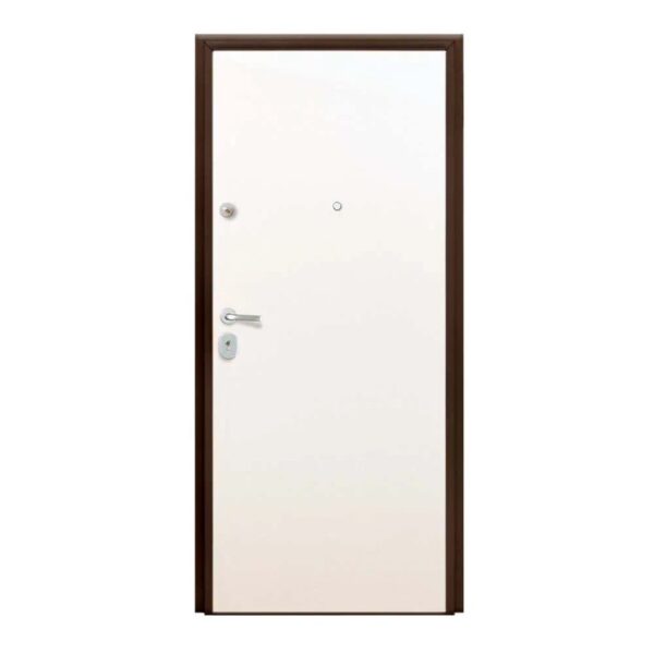 Porta blindata bianca con telaio marrone, spioncino e maniglia.