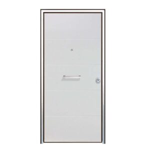 Porta blindata t.b.t. bianca con linee orizzontali, maniglia e spioncino.