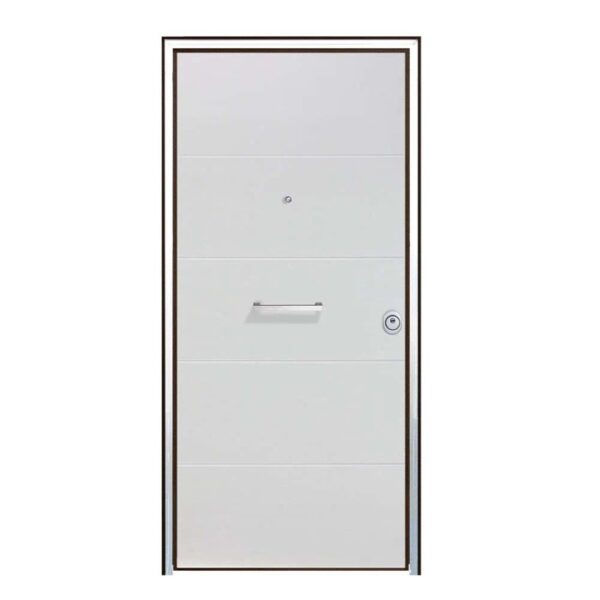 Porta blindata t.b.t. bianca con linee orizzontali, maniglia e spioncino.