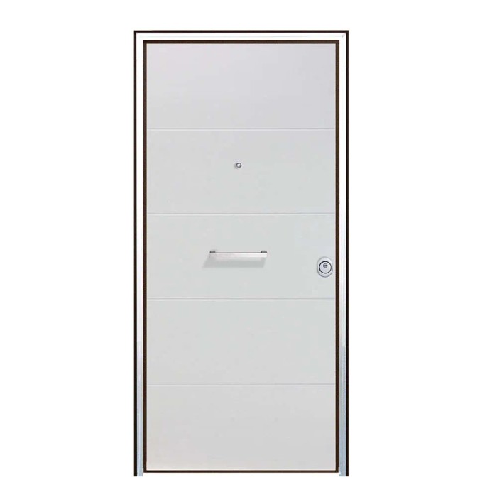 Porta blindata t.b.t. bianca con linee orizzontali, maniglia e spioncino.