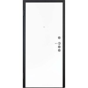 Porta blindata bianca con telaio nero e maniglia argentata.