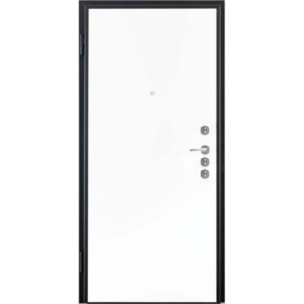 Porta blindata bianca con telaio nero e maniglia argentata.