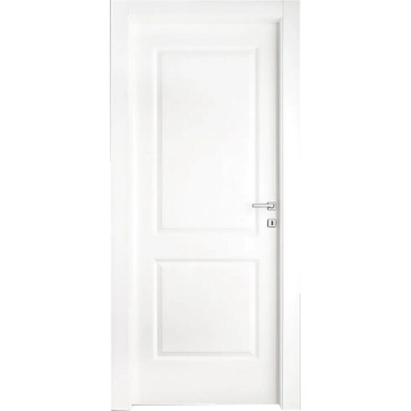 Porta interna bianca con due pannelli rettangolari e maniglia argentata.