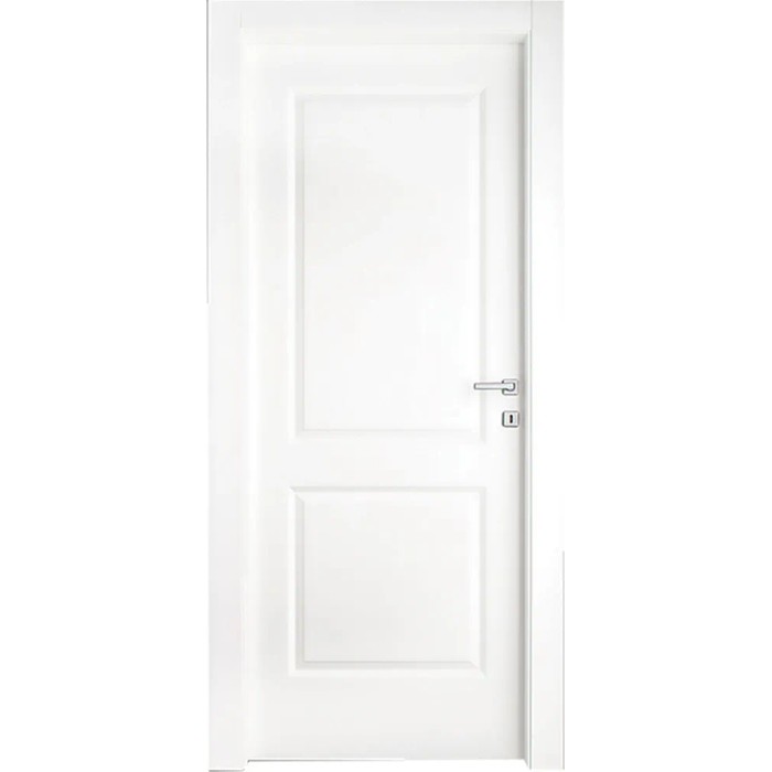 Porta interna bianca con due pannelli rettangolari e maniglia argentata.