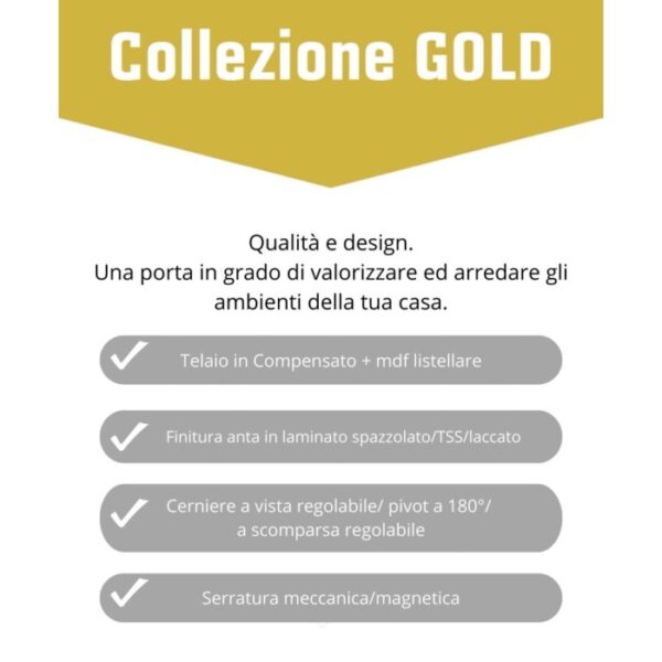 Dettagli porta interna: Telaio, finitura, cerniere e serratura in evidenza.
