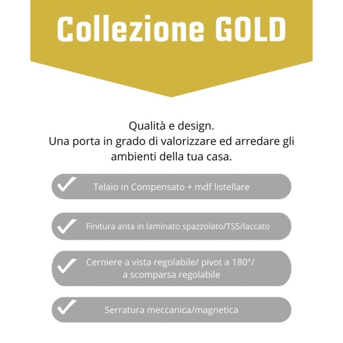 Dettagli porta interna: Telaio, finitura, cerniere e serratura in evidenza.
