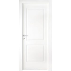 Porta interna bianca con due pannelli e maniglia argento.