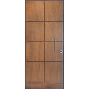 Porta blindata t.b.t. marrone con maniglia e design quadrato.