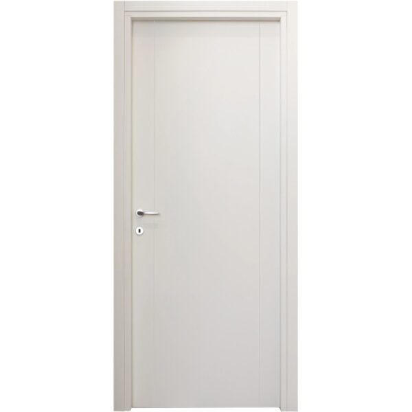 Porta interna bianca con design semplice e maniglia argentata.