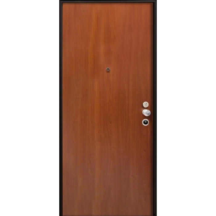 Porta blindata t.b.t. marrone con telaio nero e spioncino.
