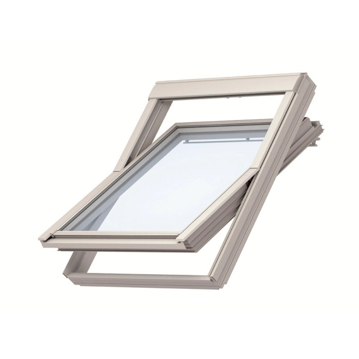 Finestra a bilico VELUX F04 in plastica, aperta, per lucernari con facile utilizzo.