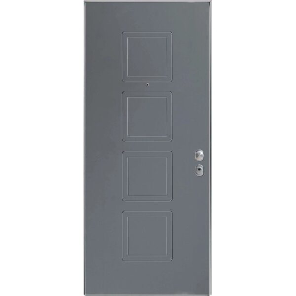 Porta blindata t.b.t. grigia con quattro pannelli quadrati e spioncino.