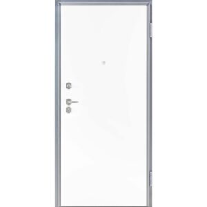 Porta blindata bianca con telaio e maniglia argentati.