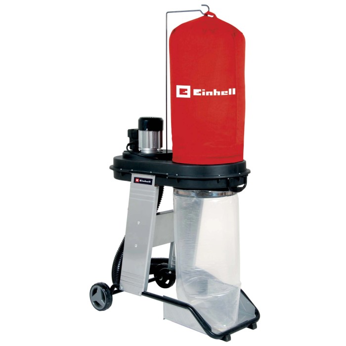 Aspiratore Einhell per piallatura e fresatura con sacco filtro rosso e sacco di raccolta trasparente.