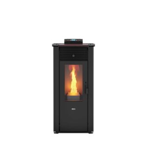 Stufa a pellet t.b.t. nera con fiamma nel vetro.