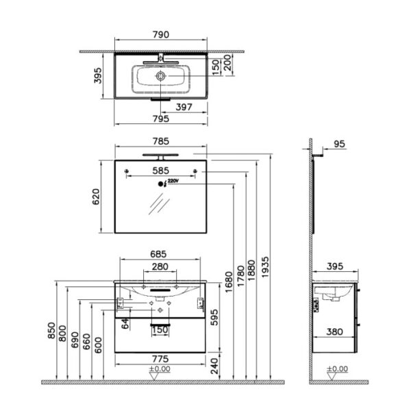 Disegno tecnico di mobile bagno t.b.t. con misure di mobile lavabo e specchiera.