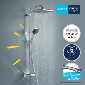Set doccia Grohe Vitalio Comfort 250 con soffione e doccetta, termostato e asta doccia cromata.