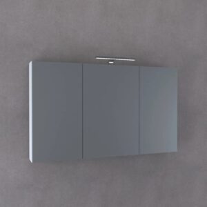 Mobile specchio grigio con tre ante e illuminazione.