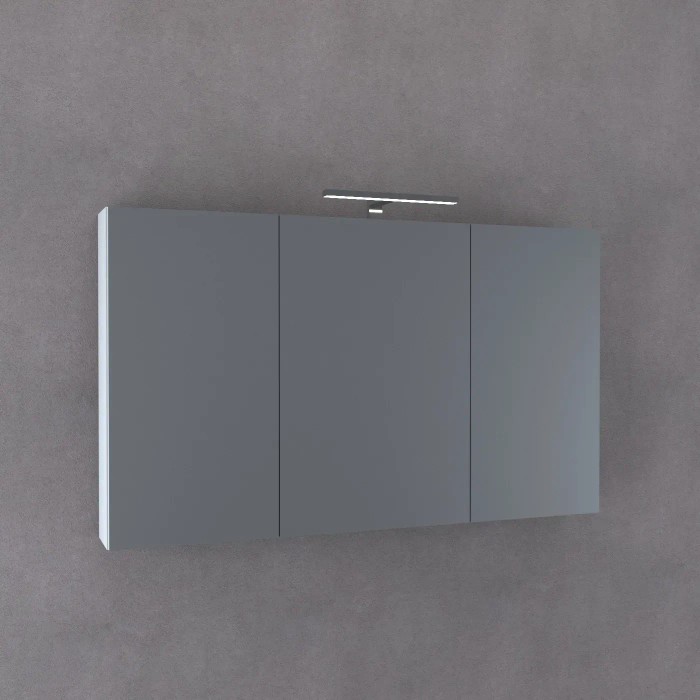 Mobile specchio grigio con tre ante e illuminazione.