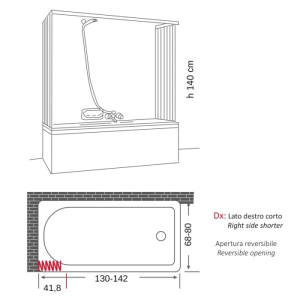 Schizzo di una vasca da bagno con doccia e dimensioni, accessori per doccia.