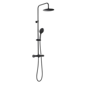 Colonna doccia nera con soffione e doccetta per il bagno.
