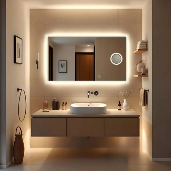 Specchio da parete rettangolare illuminato in bagno moderno.