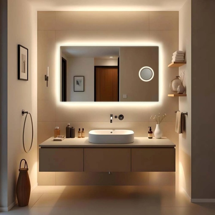 Specchio da parete rettangolare illuminato in bagno moderno.