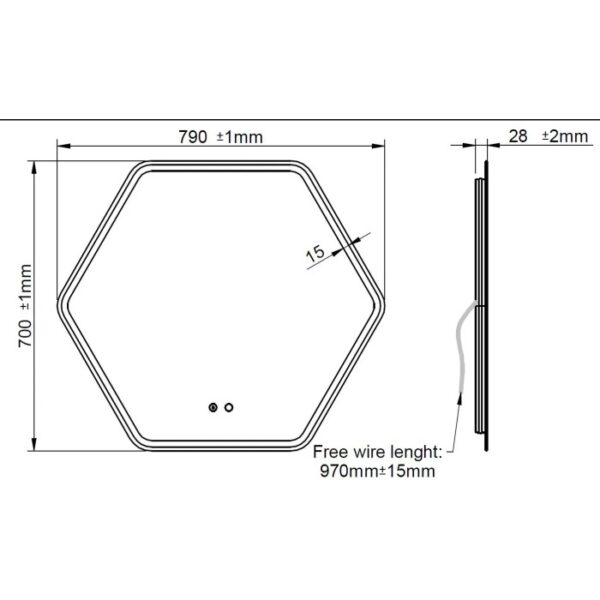 Disegno tecnico di uno specchio da parete esagonale con dimensioni.