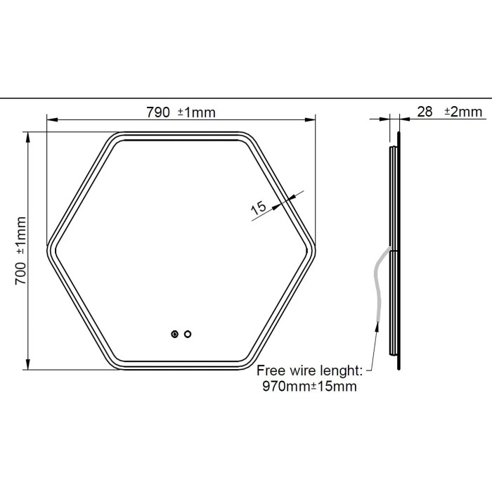 Disegno tecnico di uno specchio da parete esagonale con dimensioni.
