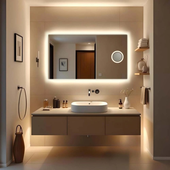 Specchio da parete t.b.t. illuminato in bagno moderno.