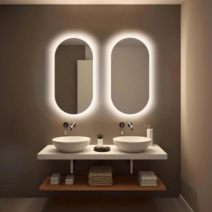 Due specchi da parete ovali illuminati t.b.t. sopra un doppio lavabo in un bagno moderno.