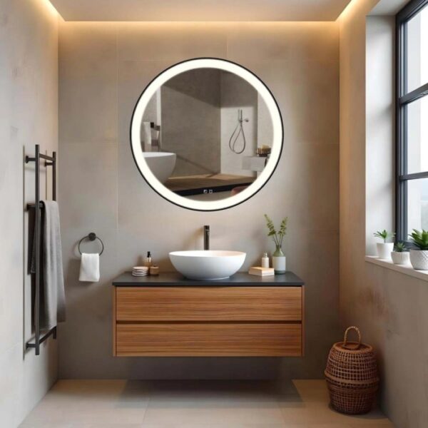 Specchio da parete rotondo con illuminazione a LED in bagno moderno.