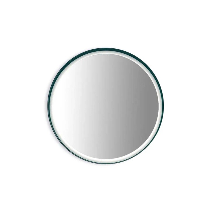 Specchio da parete rotondo con cornice verde scuro.