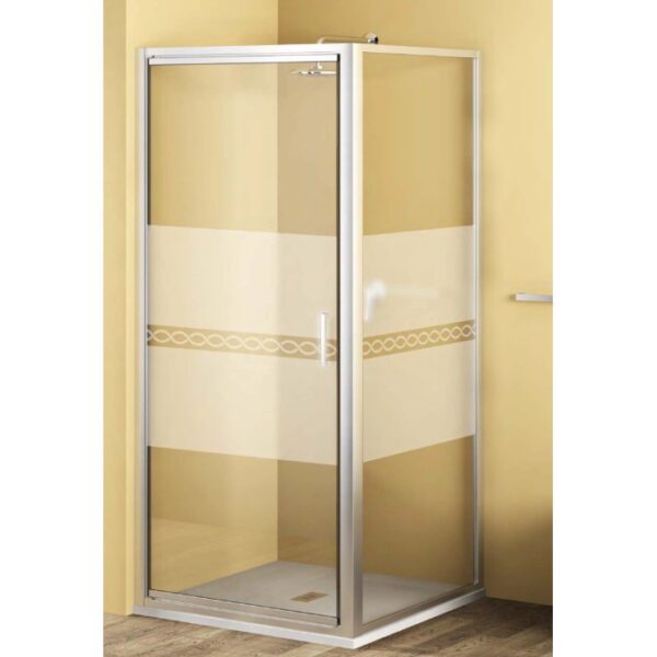 Box doccia t.b.t. con telaio argento e vetro decorativo.