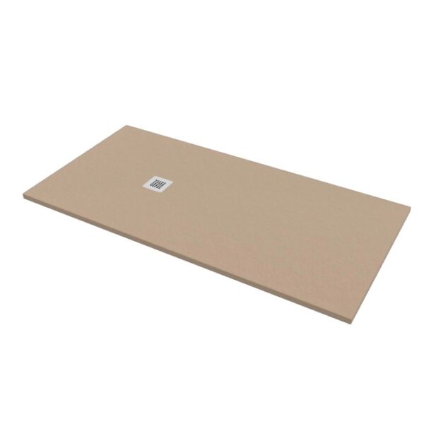 Piatto doccia rettangolare beige con scarico quadrato.