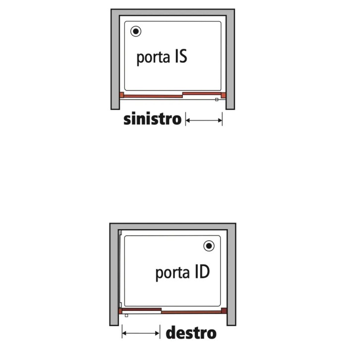 Schizzo: Porta doccia t.b.t., apertura a sinistra (IS) e a destra (ID), per docce accessibili.