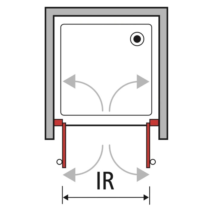 Schizzo di una porta doccia (t.b.t.) con frecce che indicano il raggio di apertura (IR).